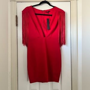 Symphony Deep V Fringe Dress, Red.